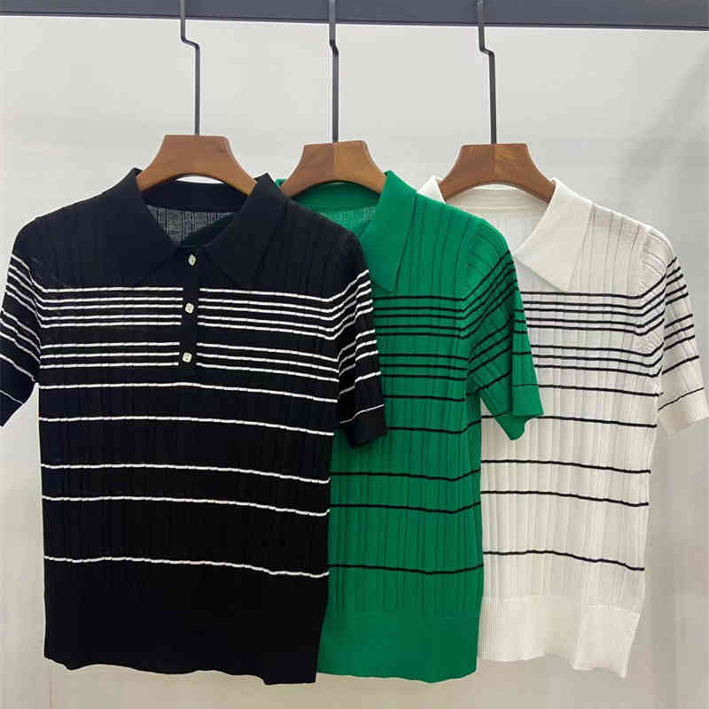 Women's Knits Tees summer commuting simple fashionable contrast striped polo collar Tencel cotton blended short sleeved sweater top