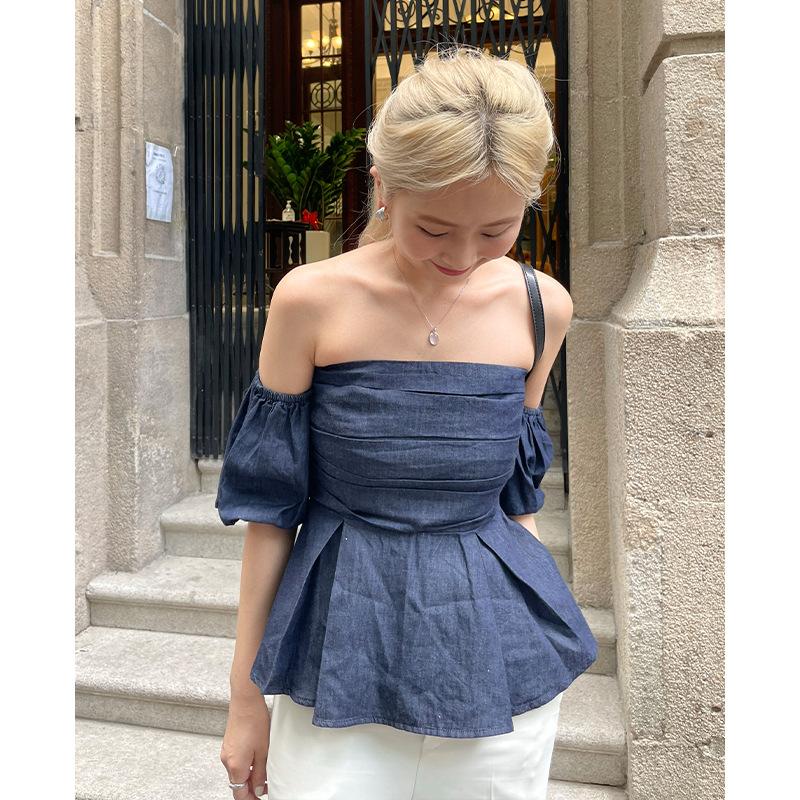 

Women' Blouses & Shirts Sexy Party Backless Blouse Women 2022 Summer Puff Sleeves O-Neck Denim Shirt Elegant Pleated Ruffled Slim Blusas To, Sky blue