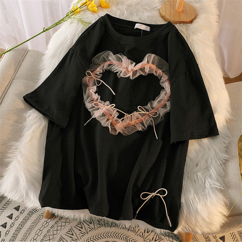 

2022 Spring Summer New Graphic T Shirts Korean Gauze Patchwork Love Heart Tops Causal Short Sleeve O-neck Tee Shirt L-4XL 0613, Black