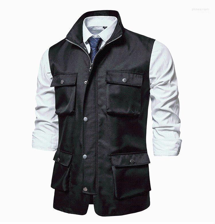 

Men's Vests 2022 Brand Men Multi Pocket Zipper Waistcoat Top Fashion Outdoor Casual Solid Color Mens Fishing Work Vest Sleeveless Jacket Phi, Blue vest men
