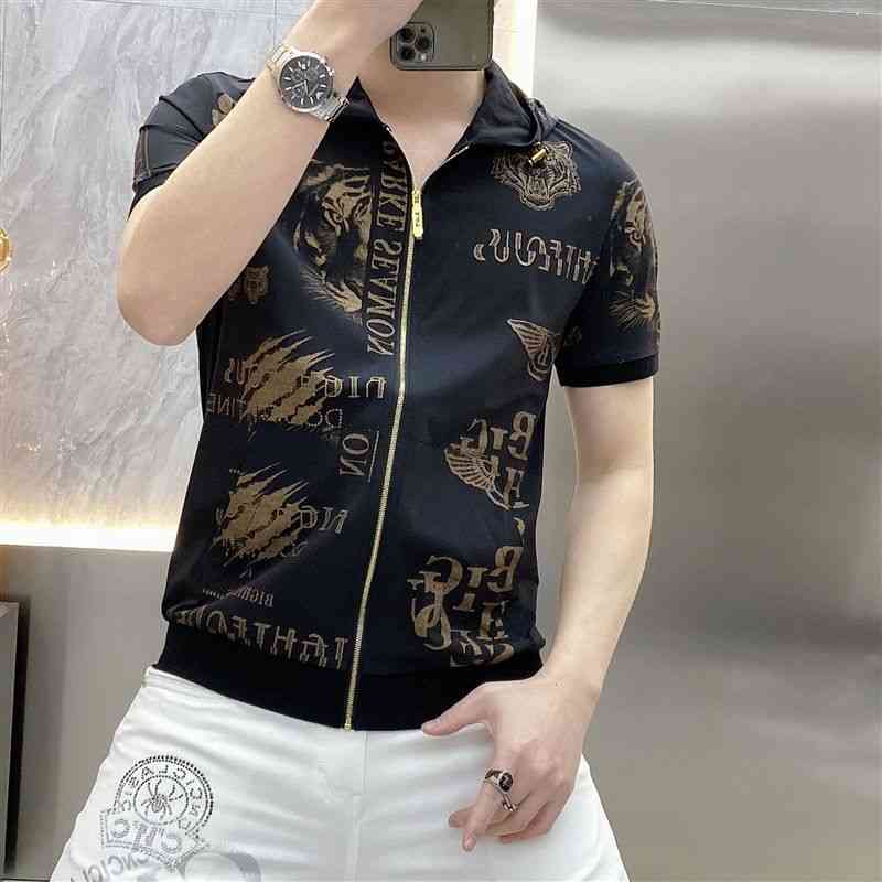 

Men's handsome men's hooded top zipper cardigan short sve Korean slim fit personalized printed half sve T-shirt fashion T-shirt, Coffee
