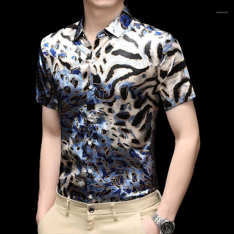 

Men' Leopard Print Shirts Summer Man Silk Steetwear Short Sleeve Male Stripes Satin Dress Casual, Blue