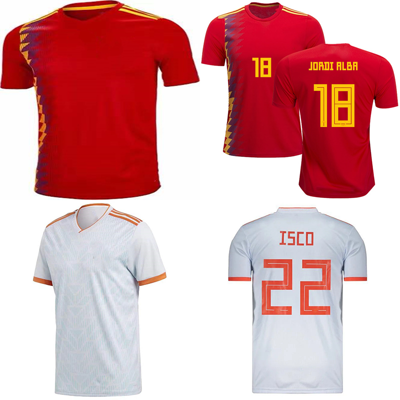 

18 WC Spain Soccer Jerseys INIESTA DIEGO COSTA SILVA JORDI ALBA Home Red Away Jersey SERGIO RAMOS IAGO ASPAS KOKE SAUL THIAGO Camiseta De Futbol Shirt, 18 away+patch