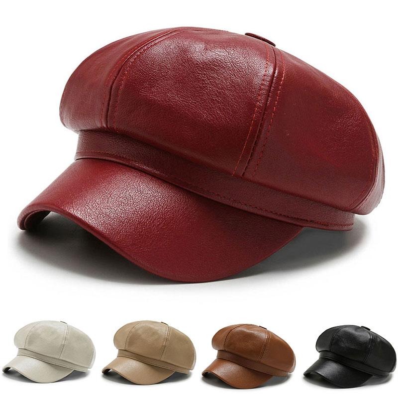 

Berets Winter Women PU Leather Baker Hat Boy Peaked Cap Vintage Octagonal Sboy HatBerets