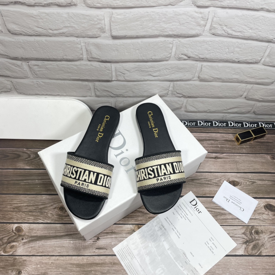 2023 Dupe Dior Dway Slide Black Embroidered Slippers Lady Slippers Luxury Slides Womens Sandals AAAAA Quality With Box