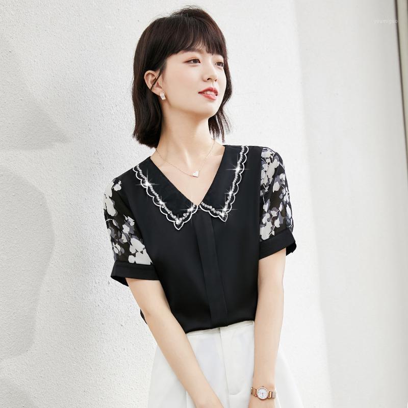 

Women' Blouses & Shirts Embroidered Collar Shirt Women Short-sleeved 2022 Net Red White Chiffon Female Doll Small, Black