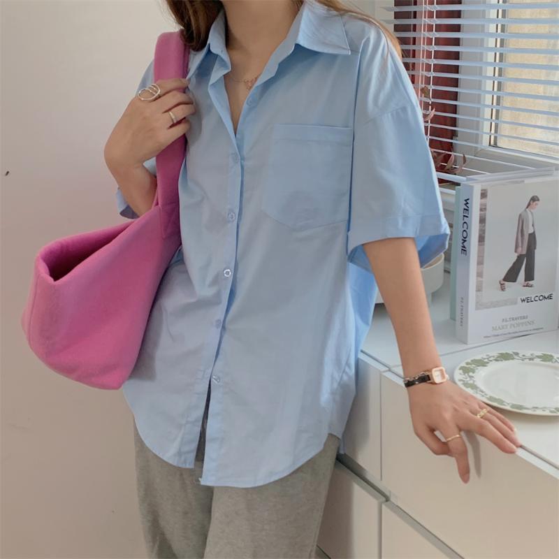 

Women's Blouses & Shirts HziriP 2022 OL Summer Short-Sleeved Minimalist Women Tops Casual Loose Fashion Chic All Match Streetwear 6 Colors, Green