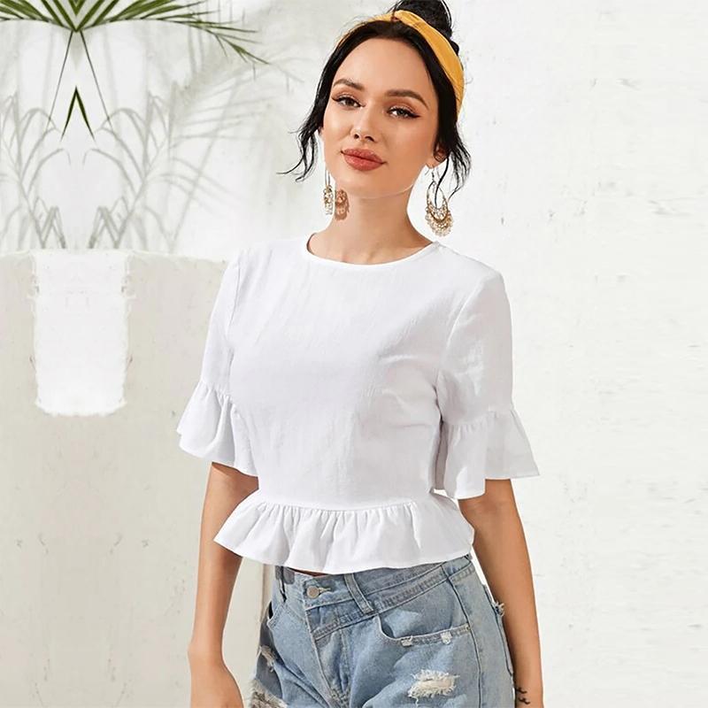 

Women Summer Casual Ruffles White O-neck Backless Shirt Top Fashion Butterfly Sleeve Blouse Women' Blouses & Shirts