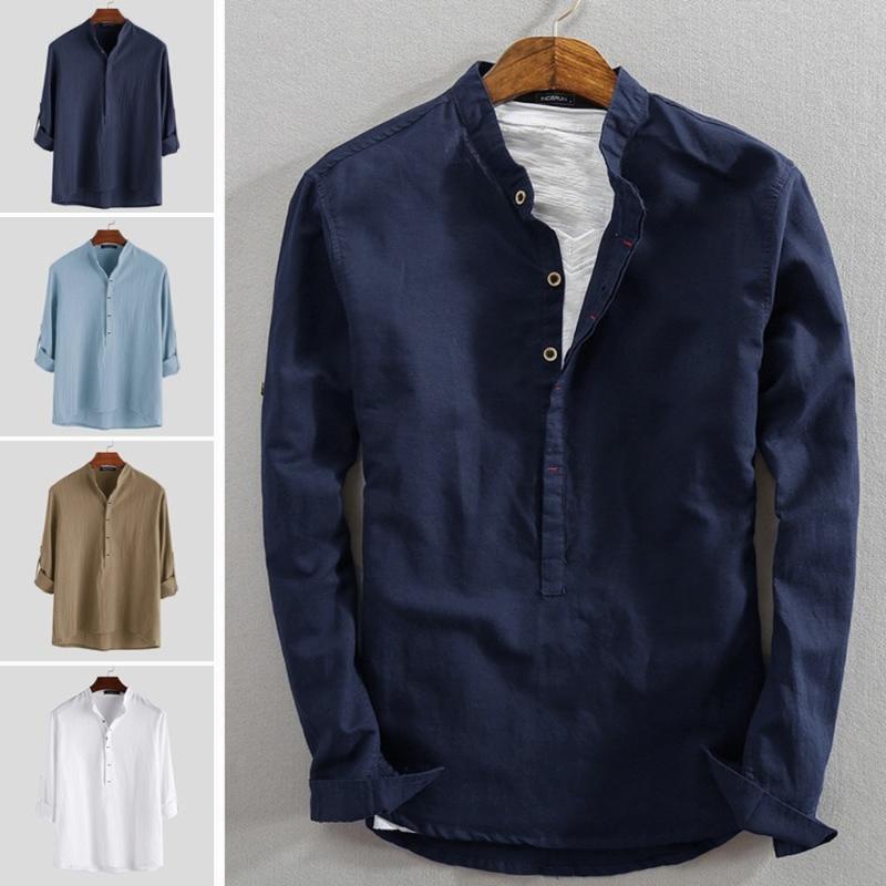 

Men' Casual Shirts Men' Loose Solid Color Cotton And Linen Door Tube Jujube Long-sleeved ShirtMen, White