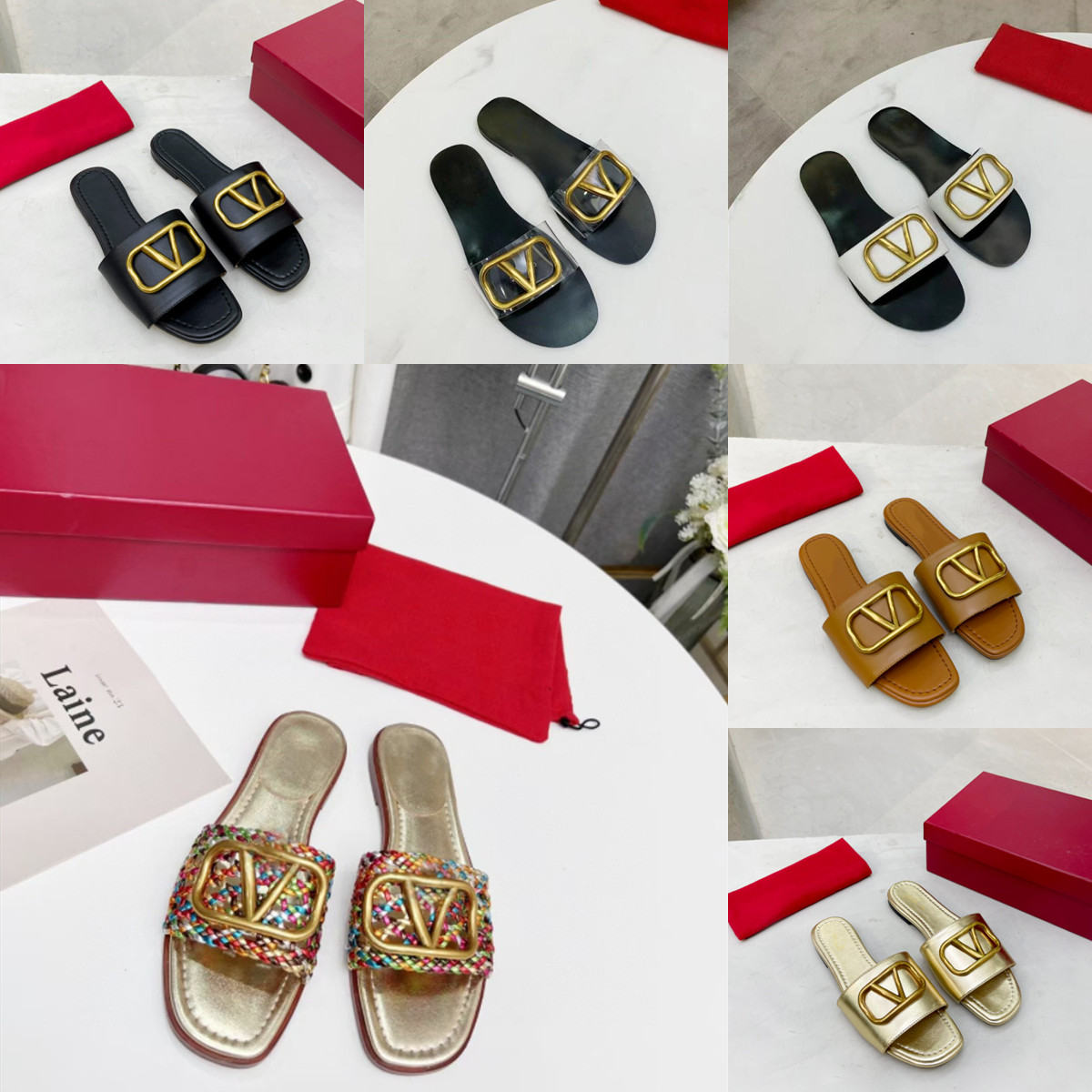 

2022 Designer Classic Fashion New Ladies Sandals VLogo Signature Grain Leather Decorative Element Slippers, 23