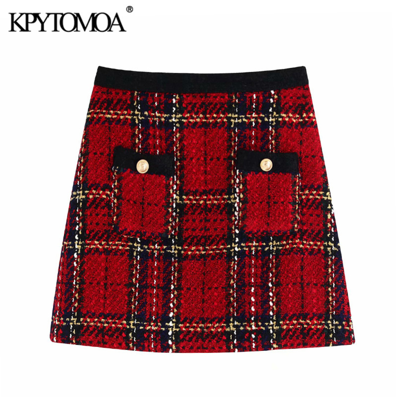 

Vintage Stylish Pockets Plaid T Mini Skirt Women Fashion A Line Back Zipper Female Skirts Casual Faldas Mujer Y200326, As picture