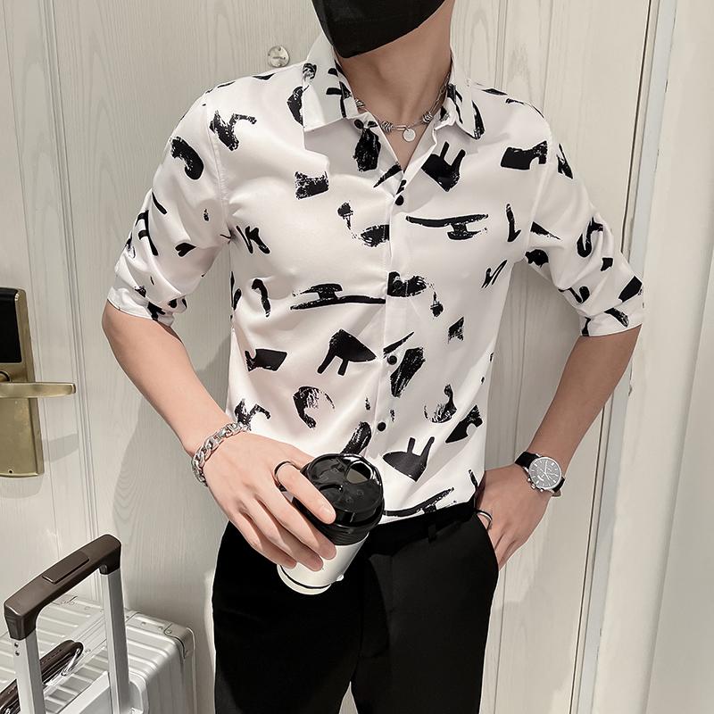 

Men' Casual Shirts Fun Printed For Men 2022 Summer Half Sleeve Slim Business Formal Dress Shirt Social Party Tuxedo Tops ClothingMen, White