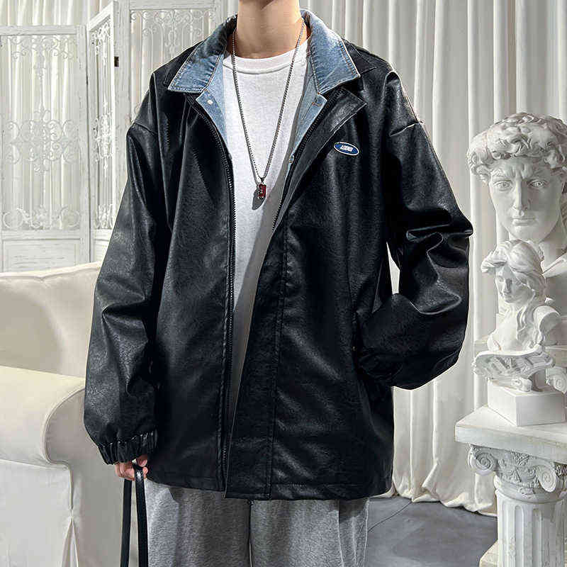 

YASUGUOJI Fashion Fake Two Piece Black Leather Jacket Men 2022 Loose Moto Biker Denim Coats for Men Loose PU Faux Leather Coats T220728, White