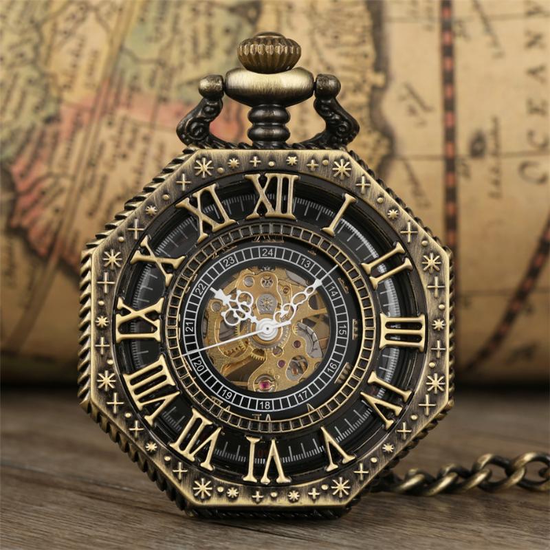 

Pocket Watches Antique Bronze/Black/Silver/Red Copper Octagon Hollow Roman Numerals Mechanical Watch Hand Winding Pendant Clock
