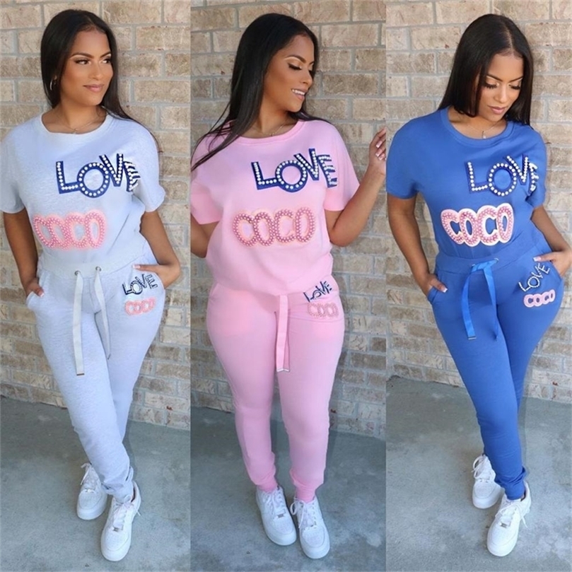 

Tmustobe Summer Leisure Inlaid Pearl Breathable And Comfortable Home Service Sweatsuit Two Piece Set For Women Elegant Suits T200704, Blue
