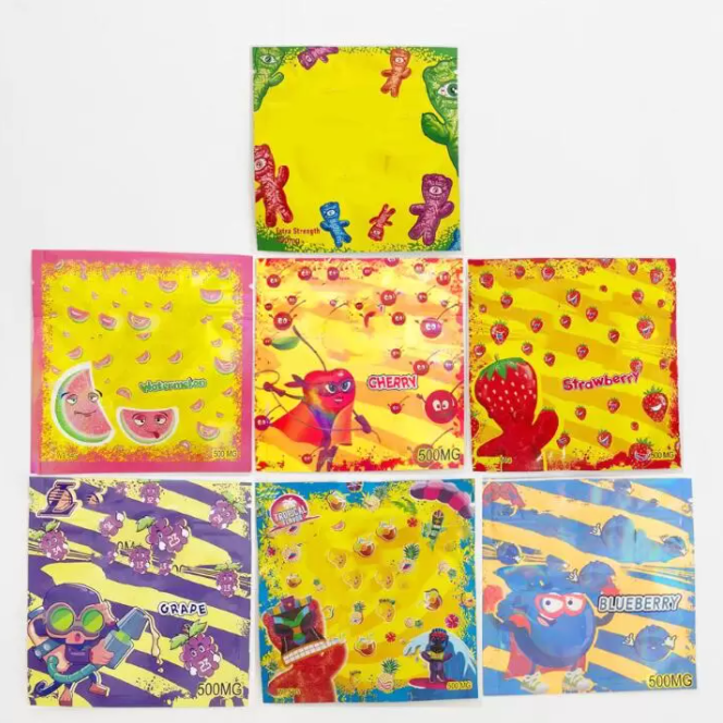 

test empty gummies bag 500mg resealable plastic edibles packaging foil packet with zipper smell proof custom Maylar bagS