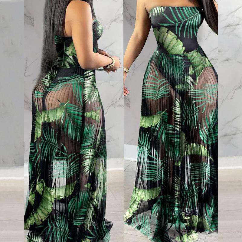 

Casual Dresses Fashion Women Mesh Maxi Dress Robes Beachwear Off Shoulder Leaf Print Tube See-through Pleated Long Party Club, Black