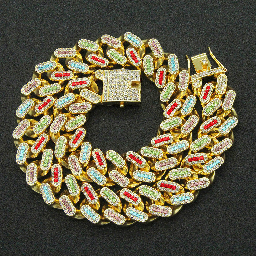 

New men's exaggerated hip hop Cuban necklace with three rows of color diamond trendsetter rough Necklace