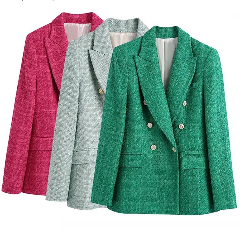 

BlingBlingee Spring Women Traf Jacket Ornate Button Tweed Woolen Coats Female Casual Thick Green Blazers Blue Outerwear 220402, Hp