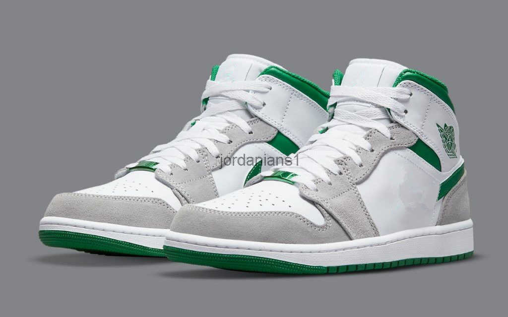 

Jumpman 1 Mid Green Grey Shoes Color GreenGrey WHITE Grade School GS Sneakers With Original Box Accessories Fast Delivery, #1