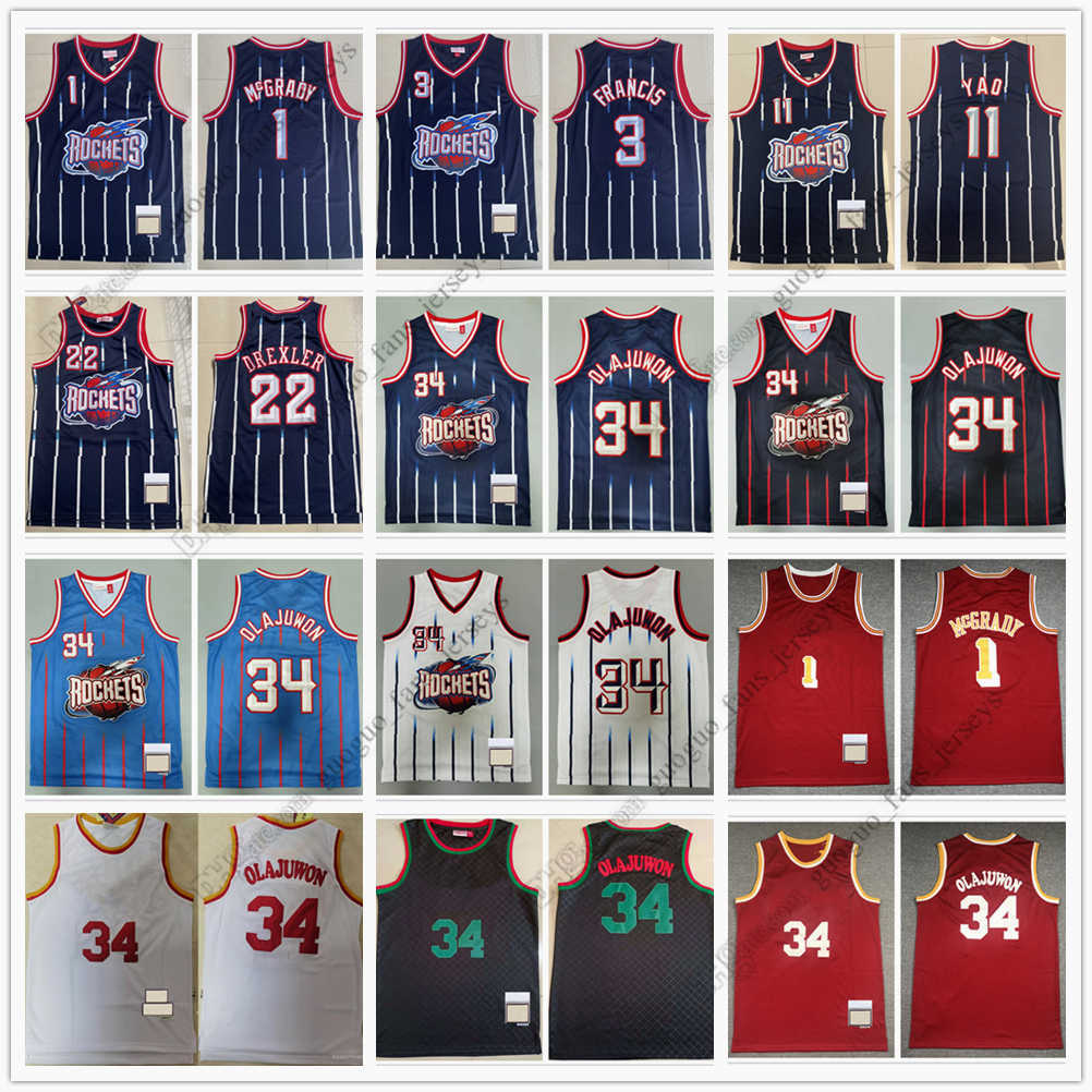 

Retro Mitchell and Ness Basketball Jerseys McGrady 1 Tracy Francis 3 Steve 11 Yao Ming Drexler 22 Clyde 34 Hakeem Olajuwon 1996-97 Black Red Quality Jersey, Picture