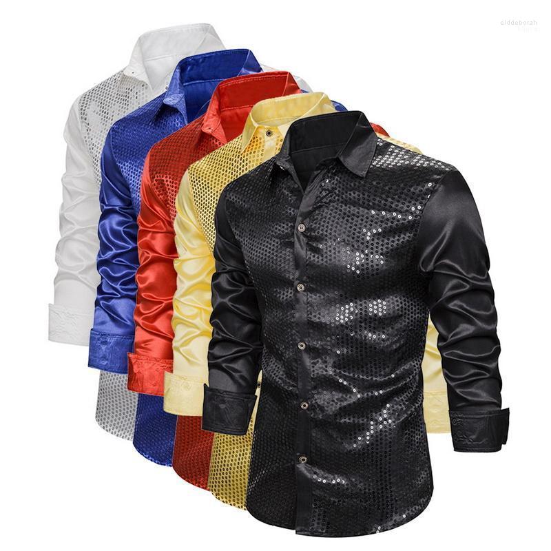 

Men' Luxury Sequin Glitter Shirts Long Sleeve Satin Shiny Disco Party Shirt Men Top Stage Dance Prom Costume Fit Dress Eldd22, White 3