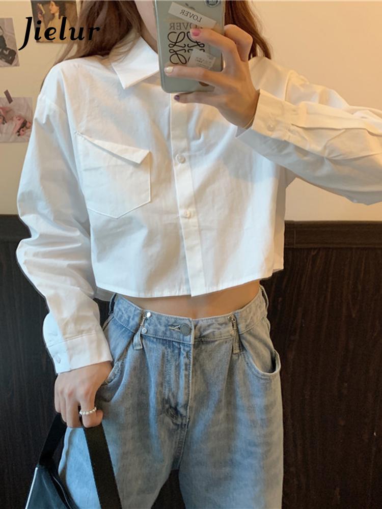 

Women' Blouses & Shirts Women White Crop Top Fashion Long Sleeve Spring All-Match Vintage Simple Korean Leisure Pocket Students ClothWomen