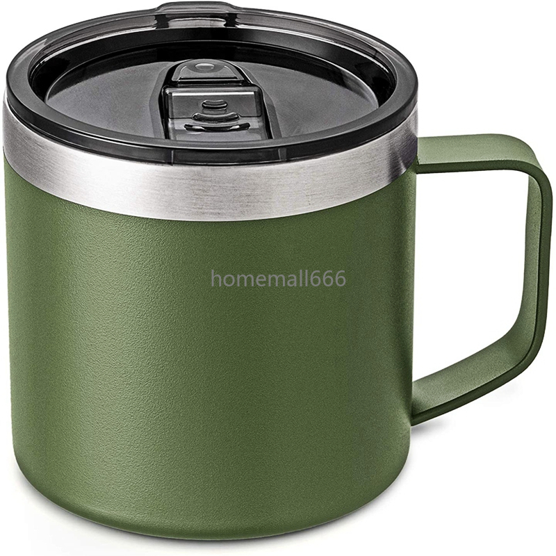 

14oz Stainless Steel tumbler Milk Cup Double Wall Vacuum Insulated Mugs Metal Wine Glass with handles & lids coffee mug AA, Army green