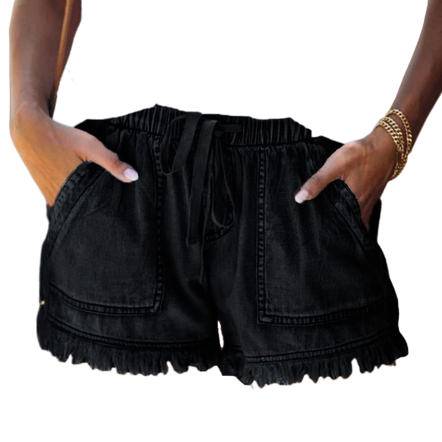 shorts en jean pour femmes cordons décontractés à la taille élastique d'été jeans courts effilochés avec poches k8jz #