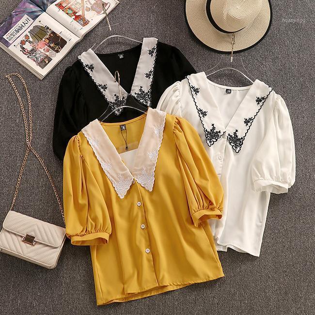 

Embroidery Vintage Women Shirt Puff Sleeve Yellow Black White Blouse Summer Tops Short French Women's Blouses & Shirts