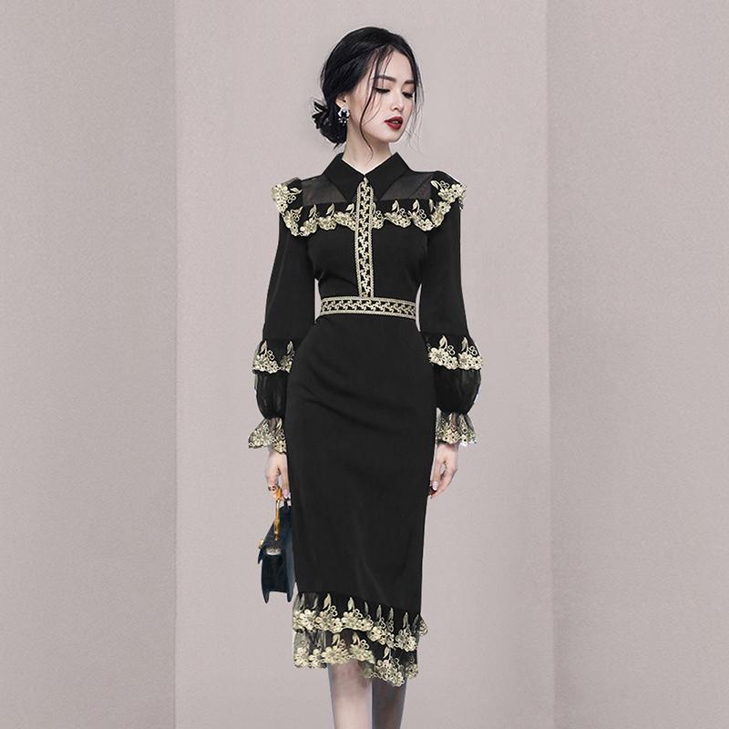 

Casual Dresses Runway Designer Vintage Lace Flower Embroidered Party Dress Female 2022 Autumn Women Lantern Sleeve Slim Waist Elegant, Black;gray
