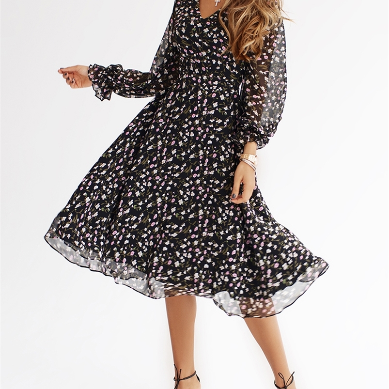

S FLAVOR Elegant Floral Print Women s Dress Summer Casual Long Sleeve V Neck Chiffon Dresses A line Vintage Clothing Vestidos 226014, Sky blue