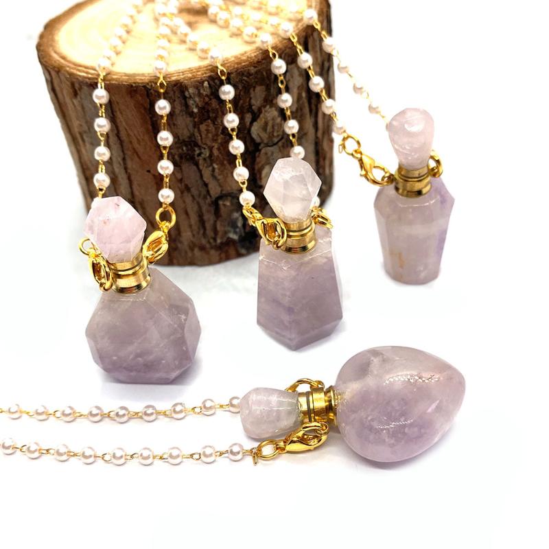 

Pendant Necklaces Natural Stone Purple Jade Perfume Bottle Necklace Aroma Diffuser Ladies Two-hole Essential Oil BottlePendant