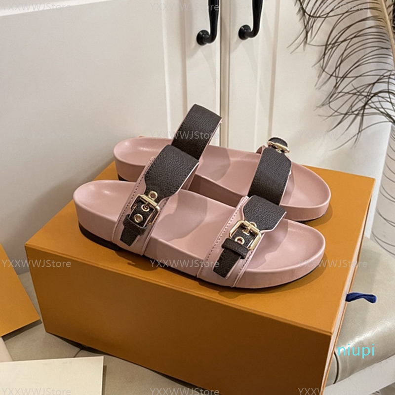 

Women Summer Bom Dia Flat Mule Adjusted Straps with Tone Buckles Slippers Classic Design Leather Canvas Slides Womens Fashion Flip Flops