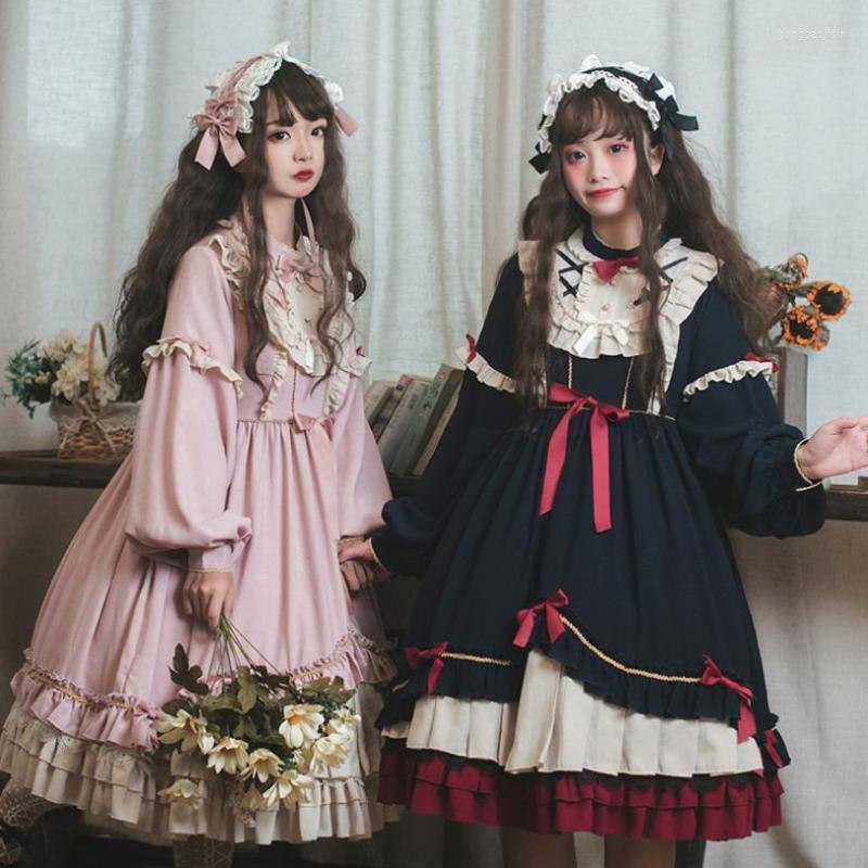 

Casual Dresses Royal Fairy Japanese Soft Sister Princess LOLITA Dress Female Ruffles Stitching With Bow Original Cute Gown F1196 Factory, Black