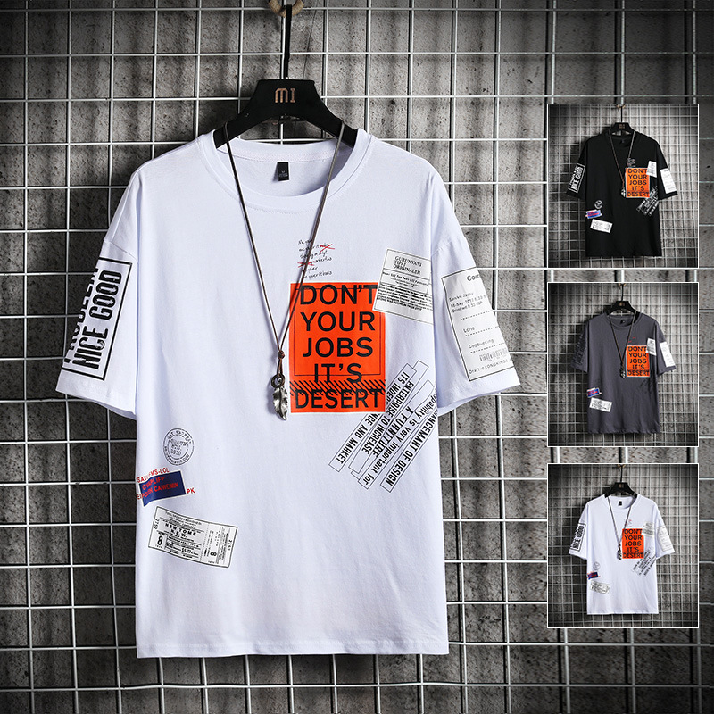 

M- Hip Hop T Shirt Men Letter Print T-shirt Harajuku Streetwear T-Shirts Patchwork Short Sleeve Summer Top Tees, White
