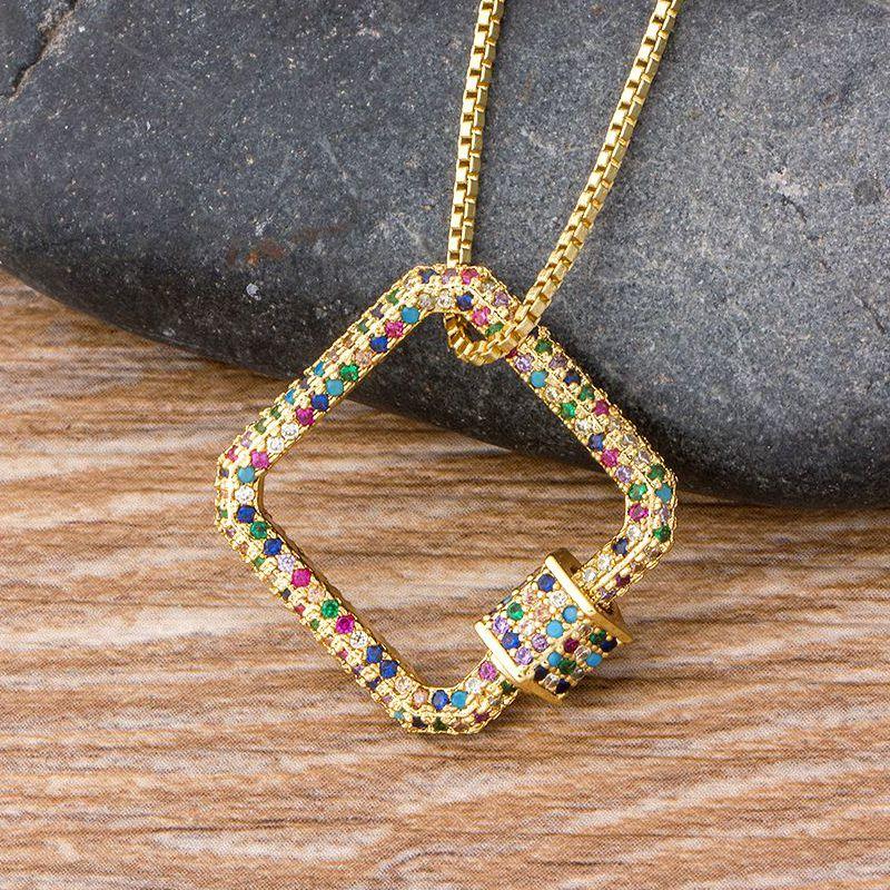 

Pendant Necklaces Gold Color Rainbow CZ Necklace With Chain Micro Pave Square Clasps DIY Jewelry Lock Carabiner For MakingPendant NecklacesP