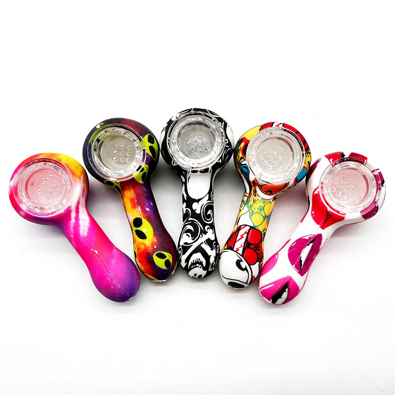 

Silicone Pipe Spoon Hand Herb Pipe 3.2inches Colorful Dry Herb Tobacco Pipes for Smoking Accessories with Metal Screen Filter Glass Bowl