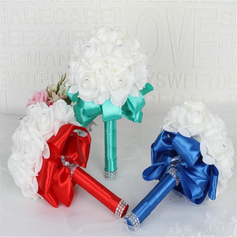

Party Decoration PE Rose Bridesmaid Wedding Foam Flowers Crystal Roses Pearl Bouquet Bridal Artificial Silk De Noiva
