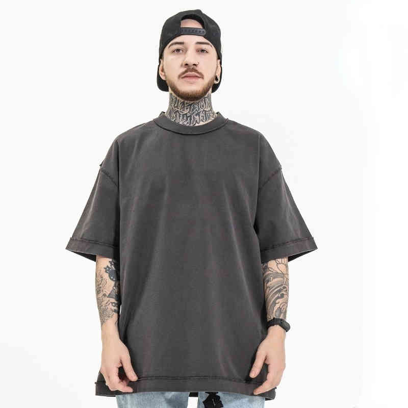 

New Men's Spring Summer T Shirt High Street Heavy Fashion Leisure Anti Car Craft Loose Solid Color Off Shoulder Short Sleeve Men T Shirt G220409