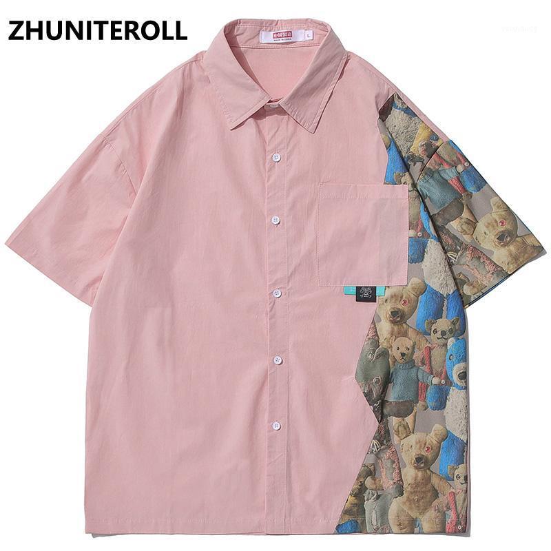 

Vintage Shirt Streetwear Men Toy Bear Print Cute Patchwork Hawaiian Beach Harajuku Fashion Short Sleeve Aloha Tops Men's Casual Shirts, Black