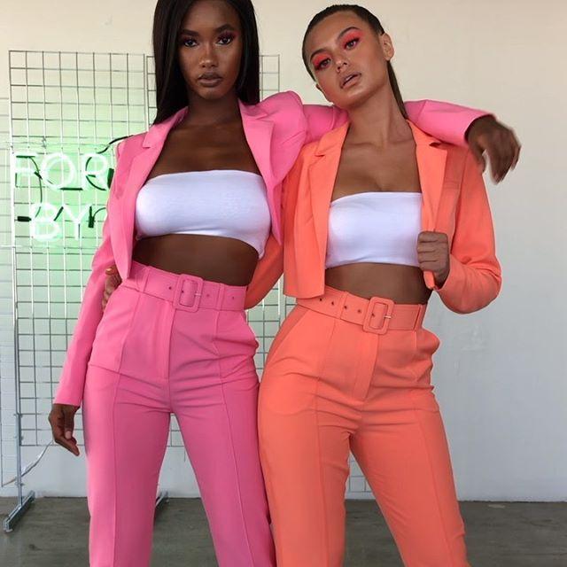 

Women' Two Piece Pants Casual Buttonless Short Blazer With Free Belt Pencil Suits 2022 Women Solid Colors V-Neck Slim Simple SetWomen, Orange