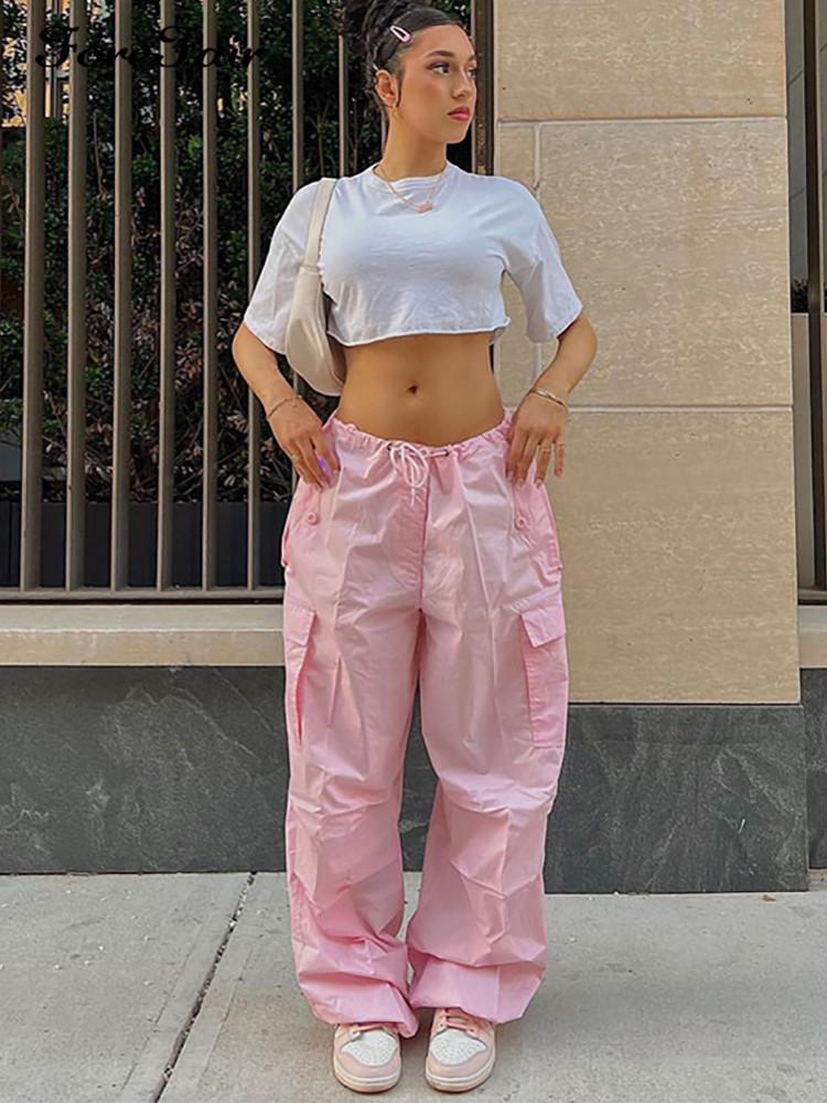 

Women' Pants & Capris Forefair 2022 Y2K Baggy Cargo Women Low Waist Sweatpant Pink Vintage Street Pockets Wide Leg Trousers Joggers Pant Ca
