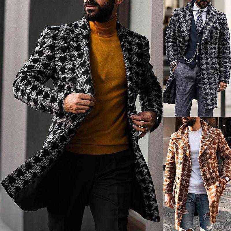 Men's Wool & Blends Men Houndstooth Gentleman Woolen Coat Fashionable Trench Lapel Overcoat Single-breasted Jacket Mid-length Male Warm T220