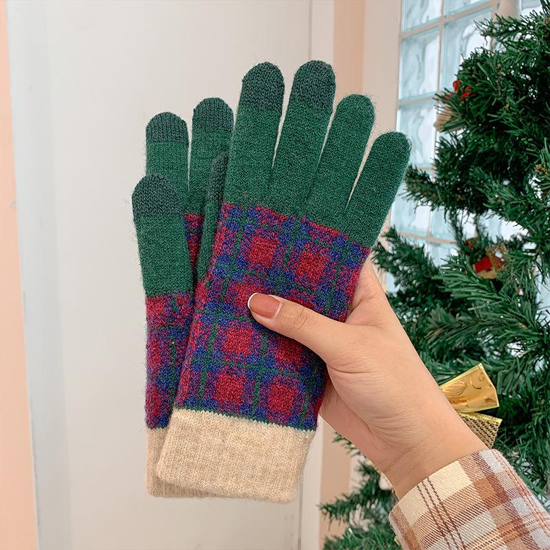 

Five Fingers Gloves Plaid Touch Screen Warm Female Autumn Winter Knit Plus Velvet Drive Riding Sen Students