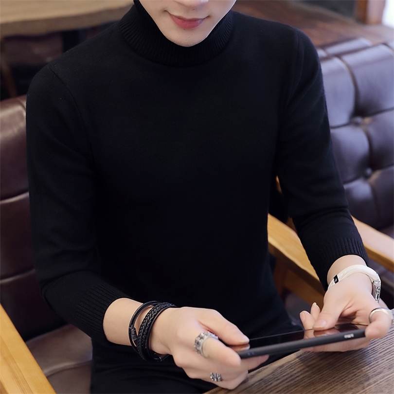 New Men Brand Sweater Fashion Casual High-necked Sweater Clothes Mens Slim Fit Brand Knitted Pullovers Turtleneck Solid Sweaters T200506
