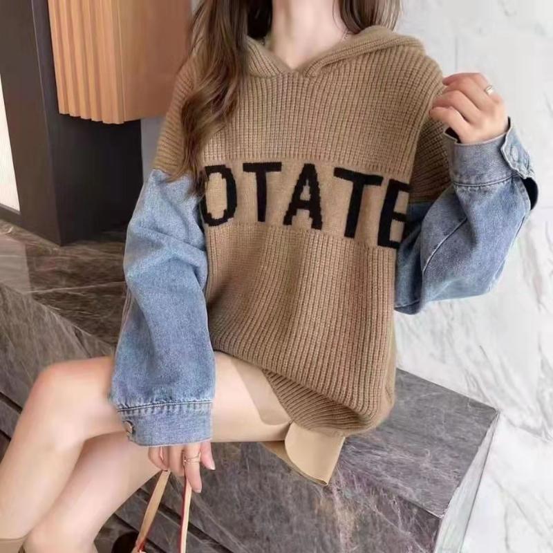 

Women' Knits & Tees Ladies Hooded Jacquard Letters Solid Color Stitching Denim Cuff Knitted Sweater SweaterWomen, Khaki
