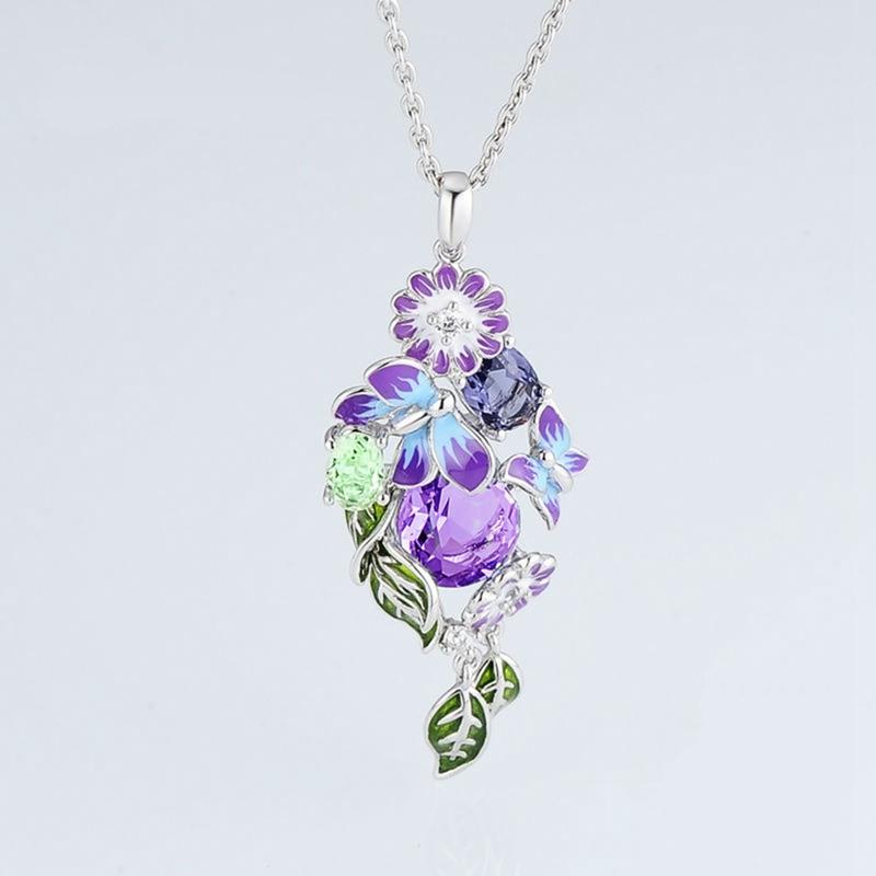 

Pendant Necklaces Crystal Butterfly Necklace Purple Flower Enamel Copper Pendants Handmade Women Boutique Fashion Jewelry GiftPendant