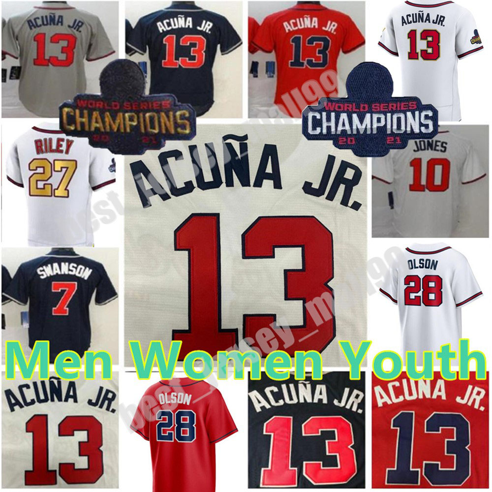 

2022 Custom WS Gold Program 27 Austin Riley 13 Ronald Acuna Jr. Jersey 28 Matt Olson 7 Dansby Swanson Jorge Soler Deion Sanders 1 Ozzie Albies Jones Baseball Jerseys, Colour 3