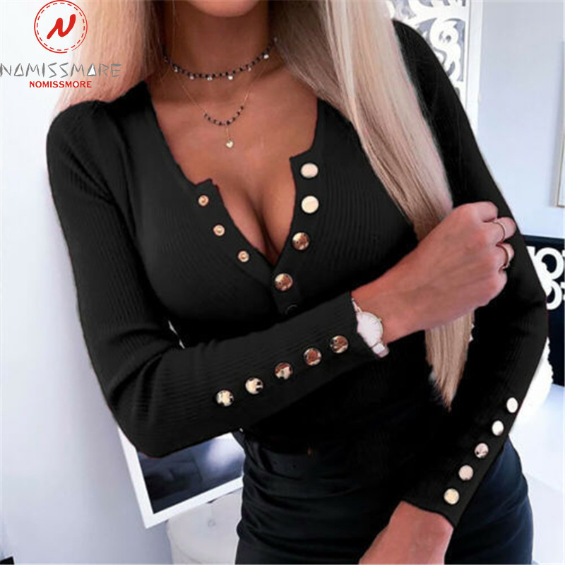 

Elegant Women Autumn Winter Knitted T Shirts V Neck Button Decor Long Sleeve Solid Color Office Lady Slim Pullovers Top 220714, Darkblue